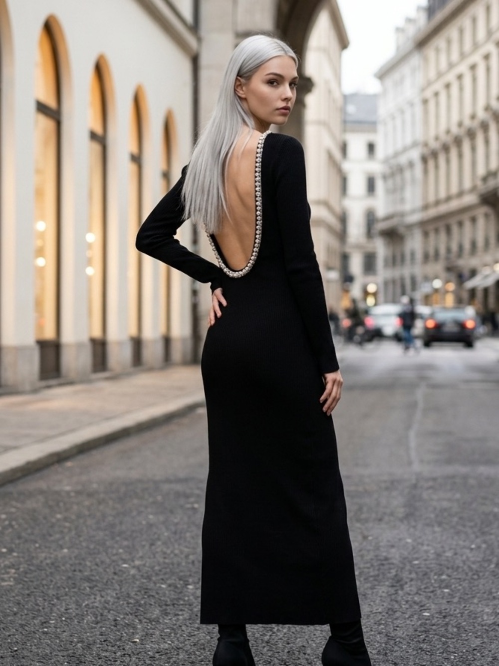 NWOT Petal & Pup Black Long-Sleeve Open-Back Maxi Dress with Beaded Trim